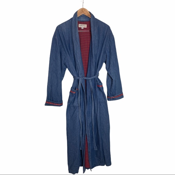 Orvis Chambray Denim Plaid Lined Robe M - Picture 2 of 8